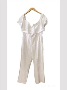 Leith White off shoulder ruffle Wide Leg summer casual Jumpsuit Pants